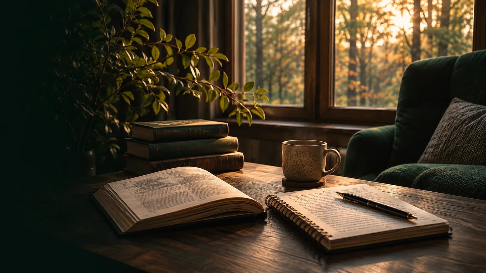 An open book, a notebook and a cup beside a softly lit woodland window.