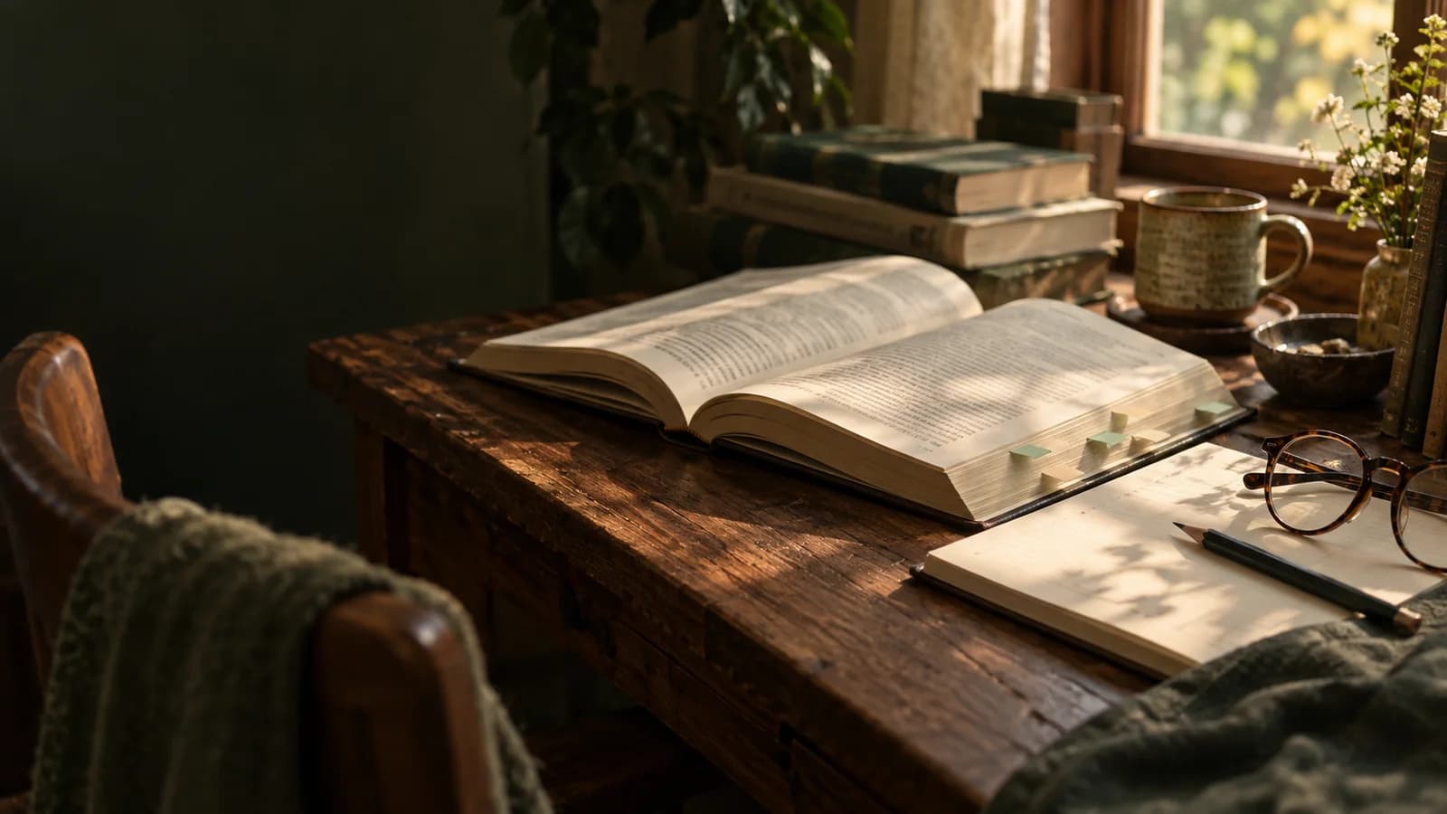Reference books, a notebook and glasses on a warmly lit wooden desk