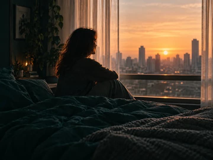 A person sitting quietly beside a city window in warm dawn light