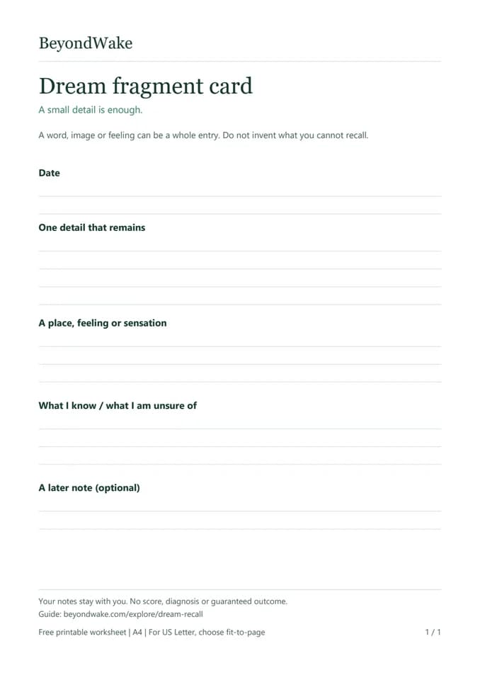 Blank dream fragment card, with the writing prompts listed below