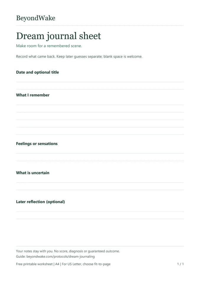 Blank dream journal sheet, with the writing prompts listed below