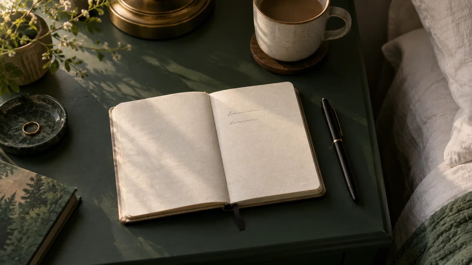 A small notebook and pen on a green bedside table in morning light
