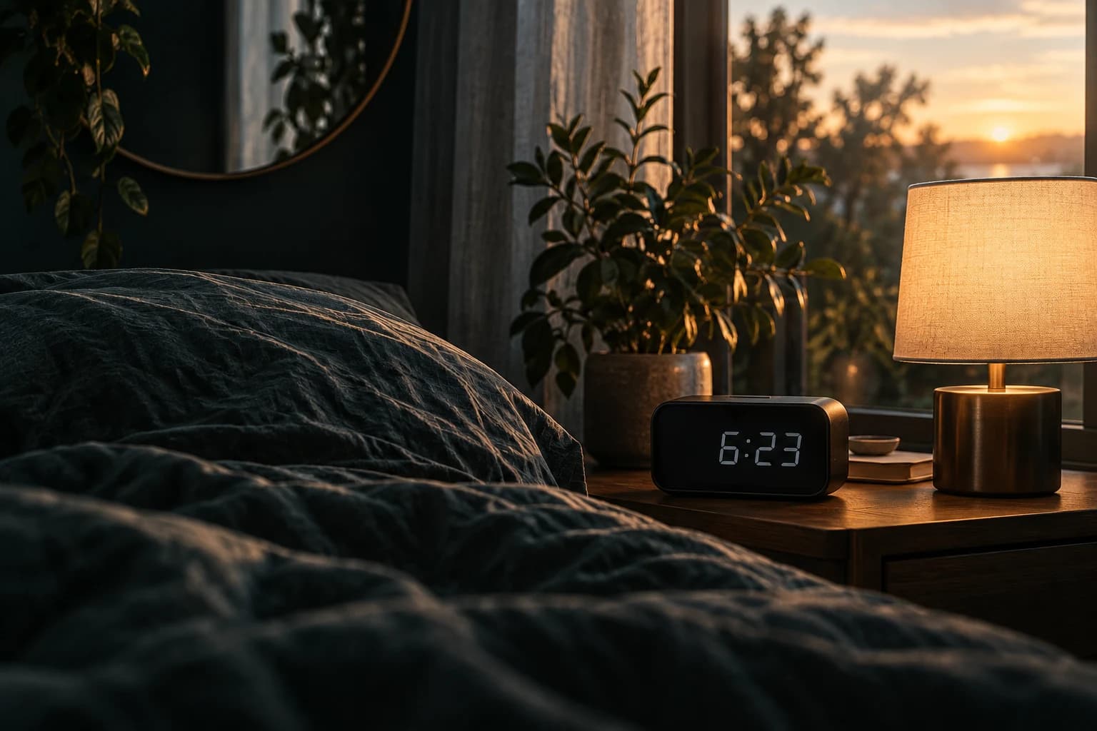 A quietly lit bedroom illustrating the setting, not a recommended waking time