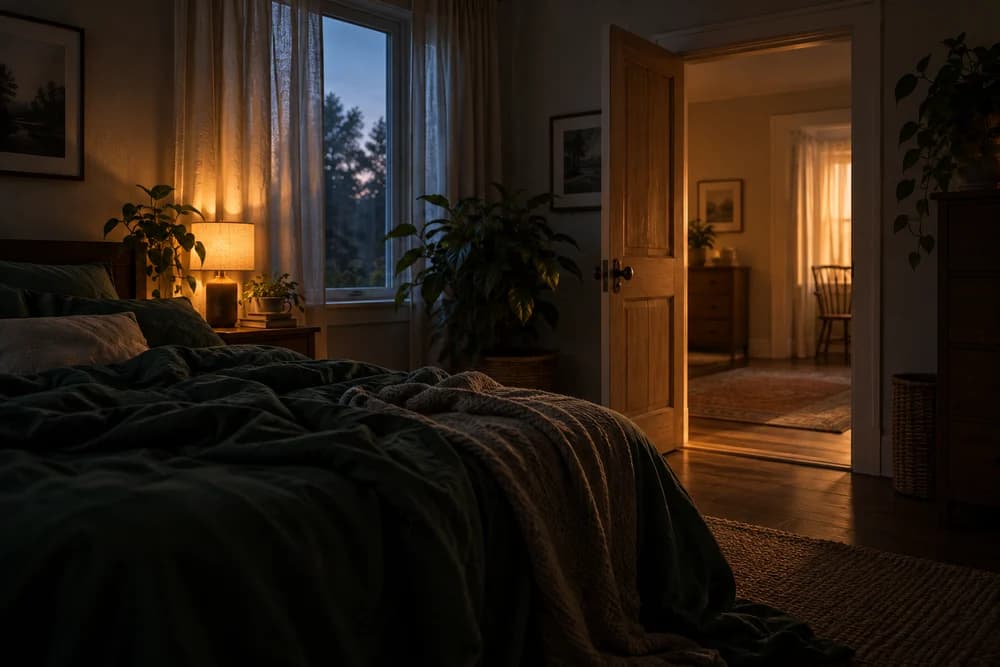 An imagined bedroom scene with a doorway